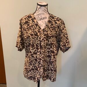 Vintage Leopard Cheetah Print Short Sleeve Silk Blouse Top Women’s Large